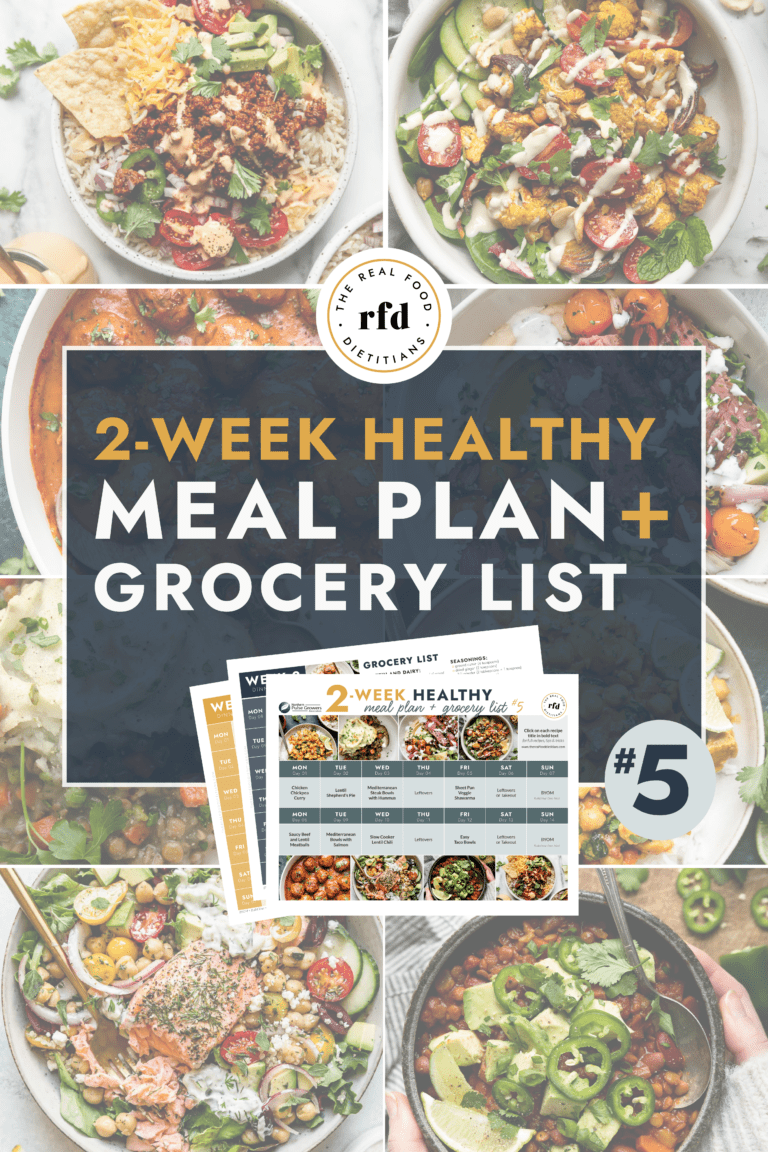 Collage of healthy meals with text overlay for 2-week healthy meal plan and grocery list.